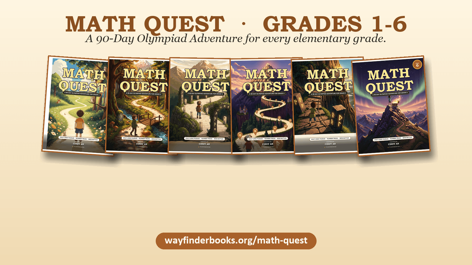 The six Math Quest book covers, Grades 1 through 6, lined up together
